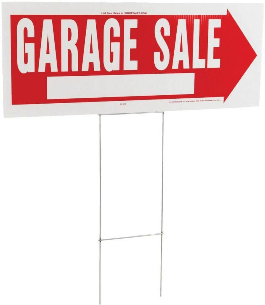 red and white garage sale sign